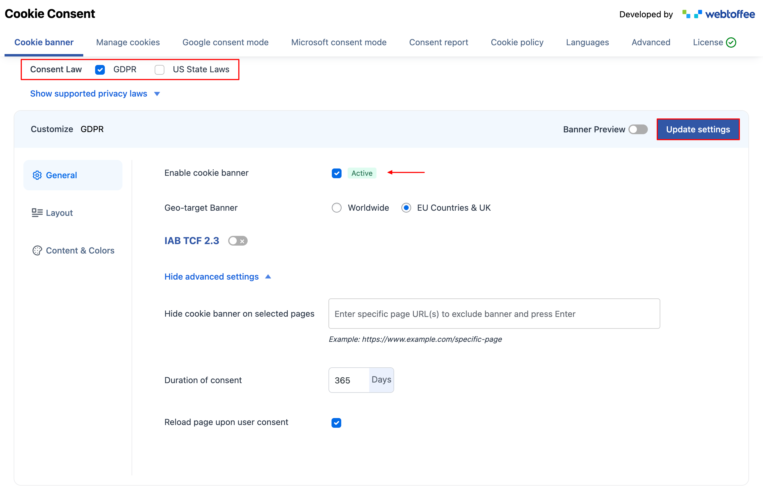 Enable cookie banner for GDPR compliance