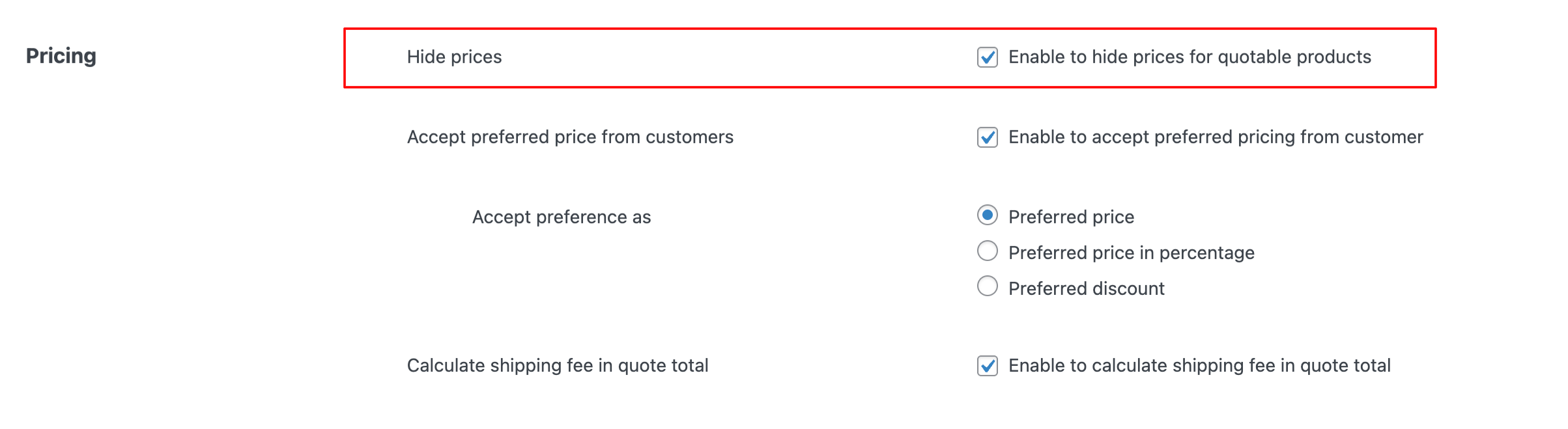 Hide prices for quotable products