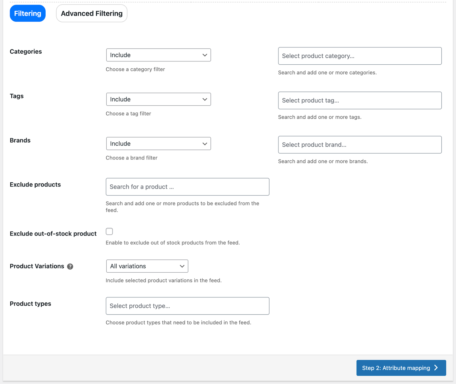 Configuring feed filtering options