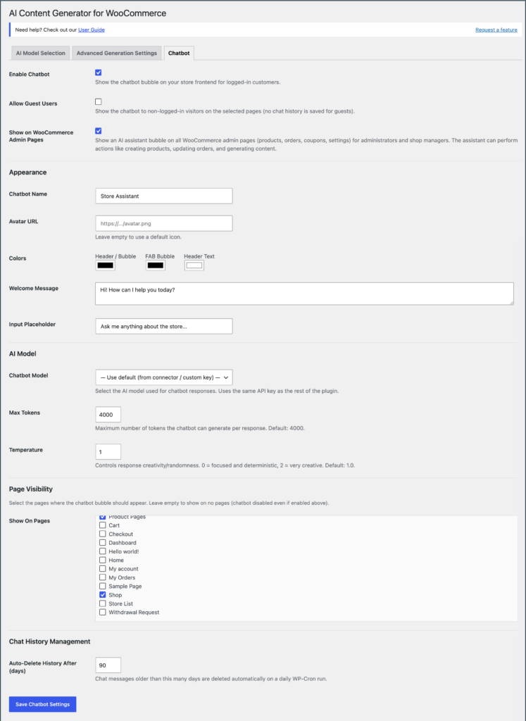 WooCommerce AI Content Generator chatbot settings
