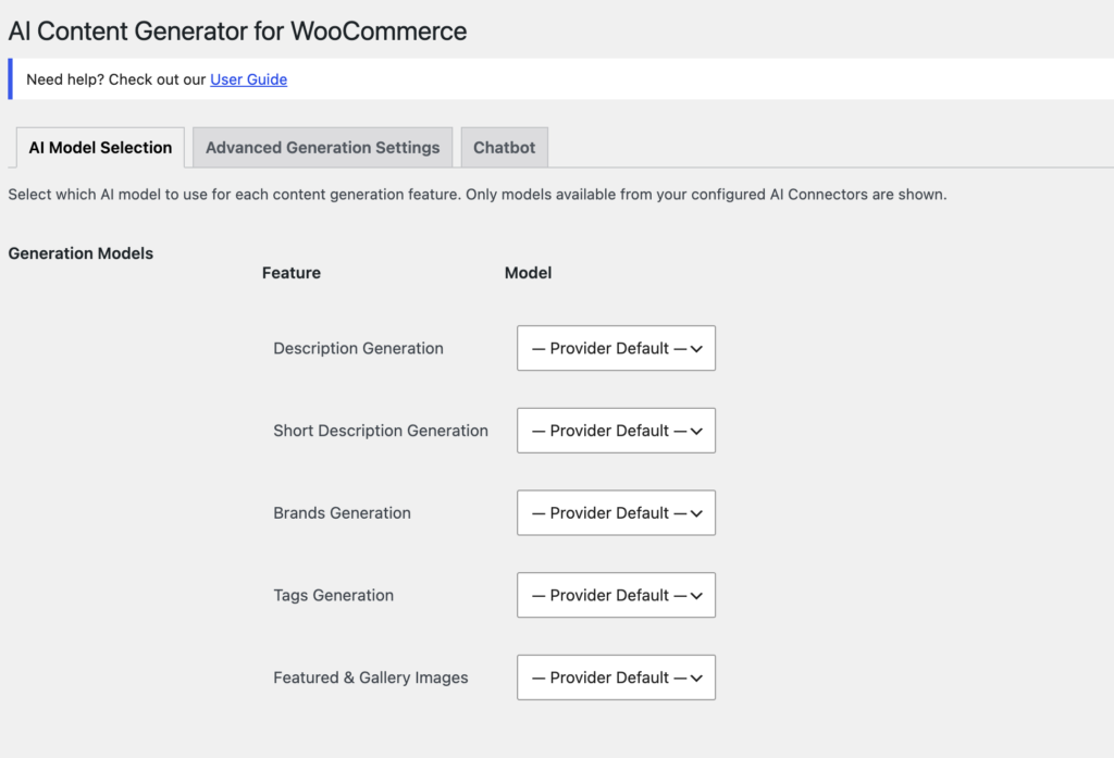Model Selection - AI content Generator for WooCommerce