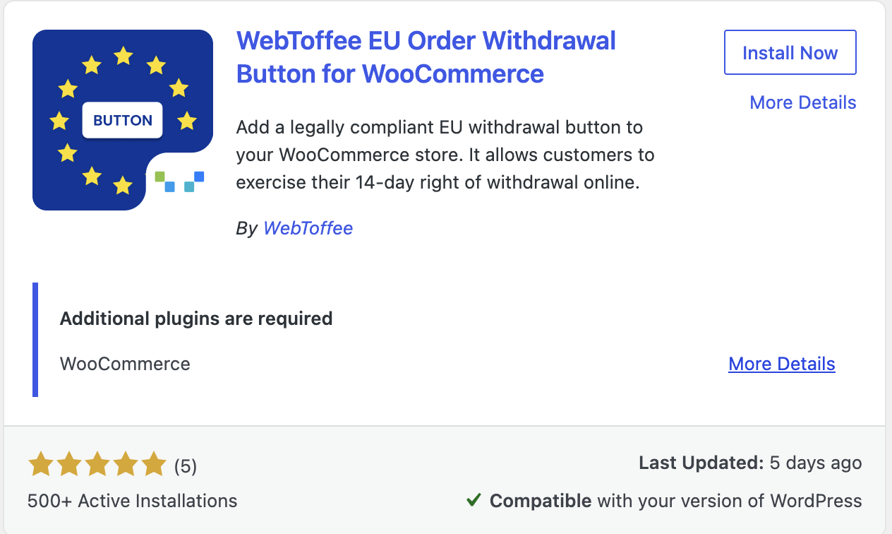 WebToffee EU Withdrawal button plugin