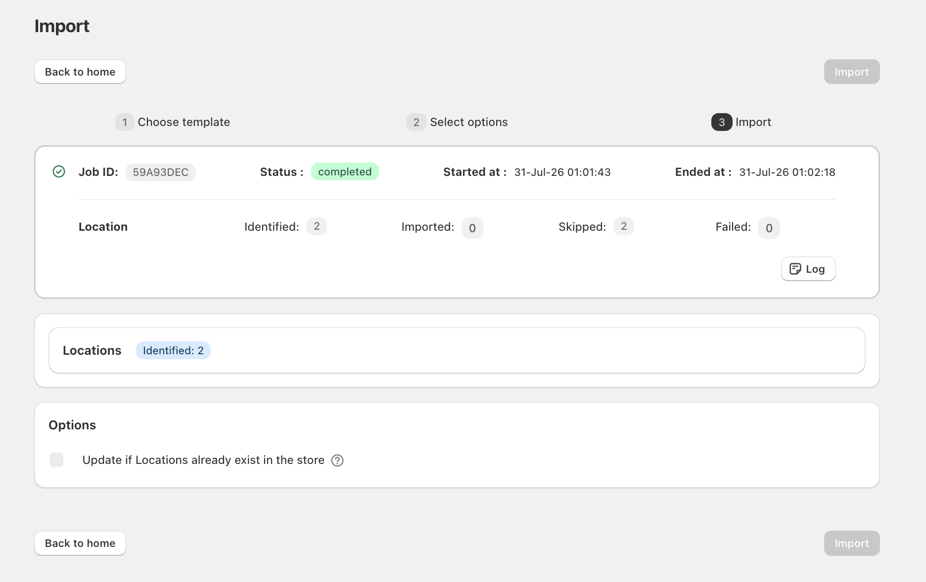 Completed Location import with status and log