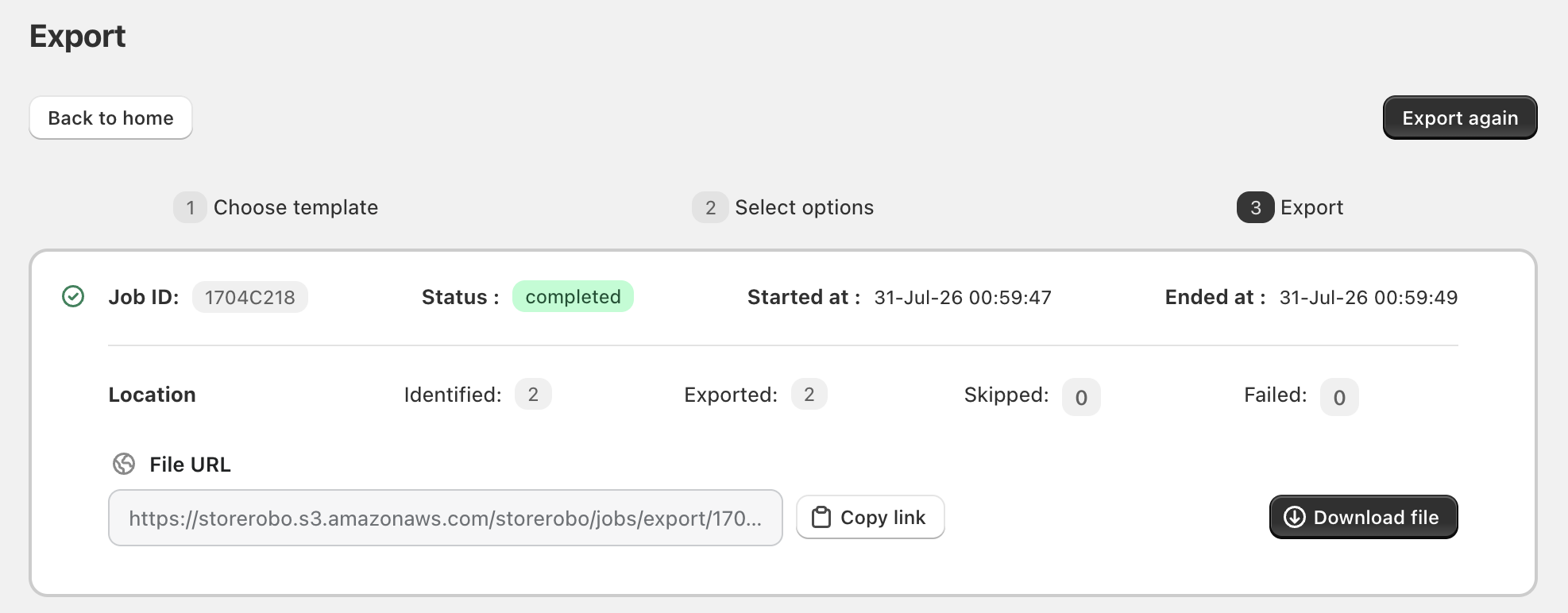 Completed Location export and download options