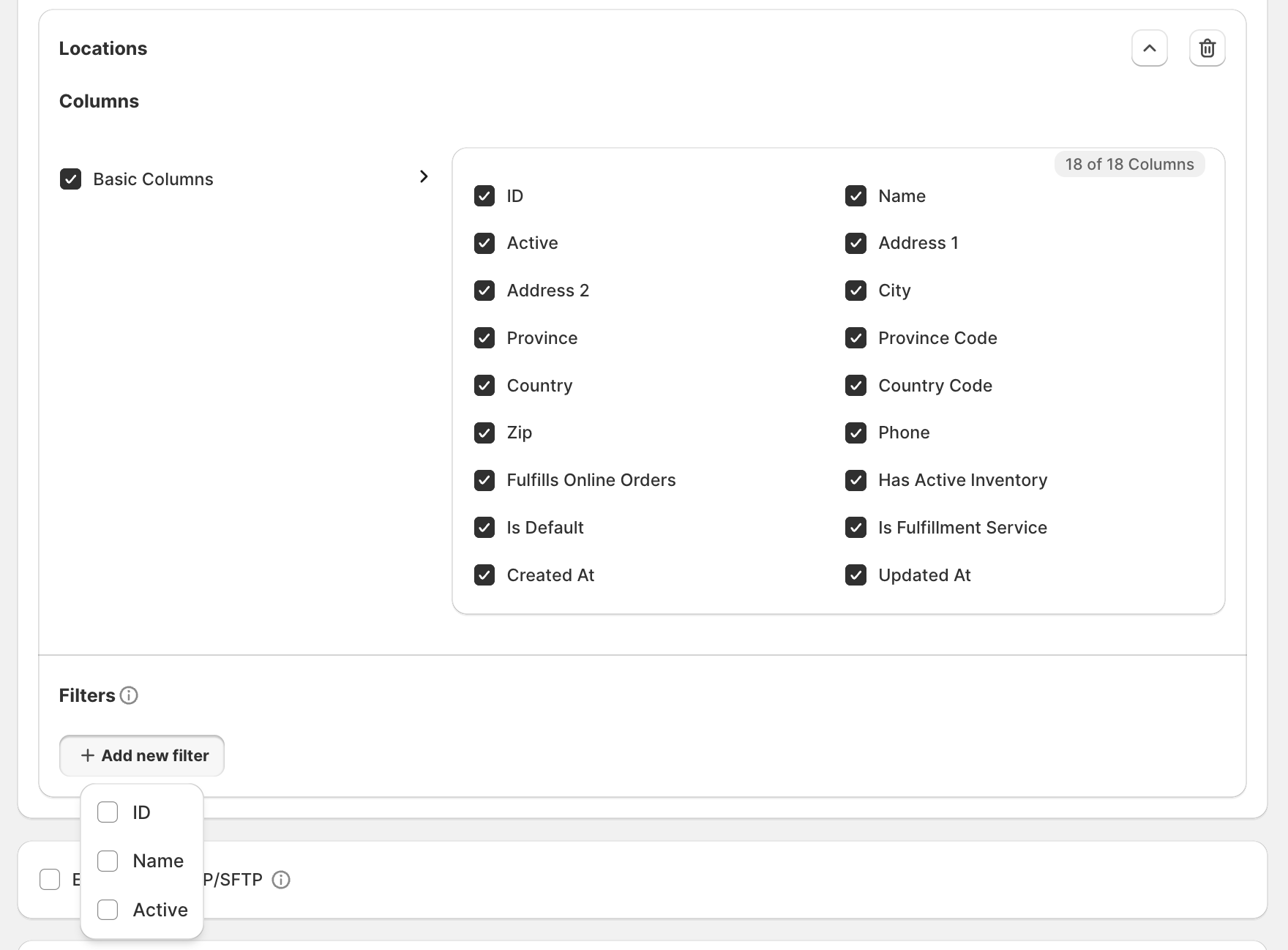 Configuring filters for location export