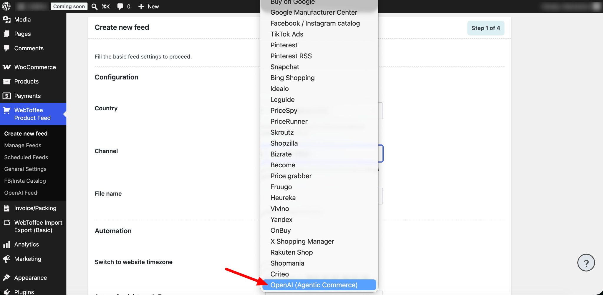 OpenAI Agentic Commerce feed channel inside the Product Feed plugin