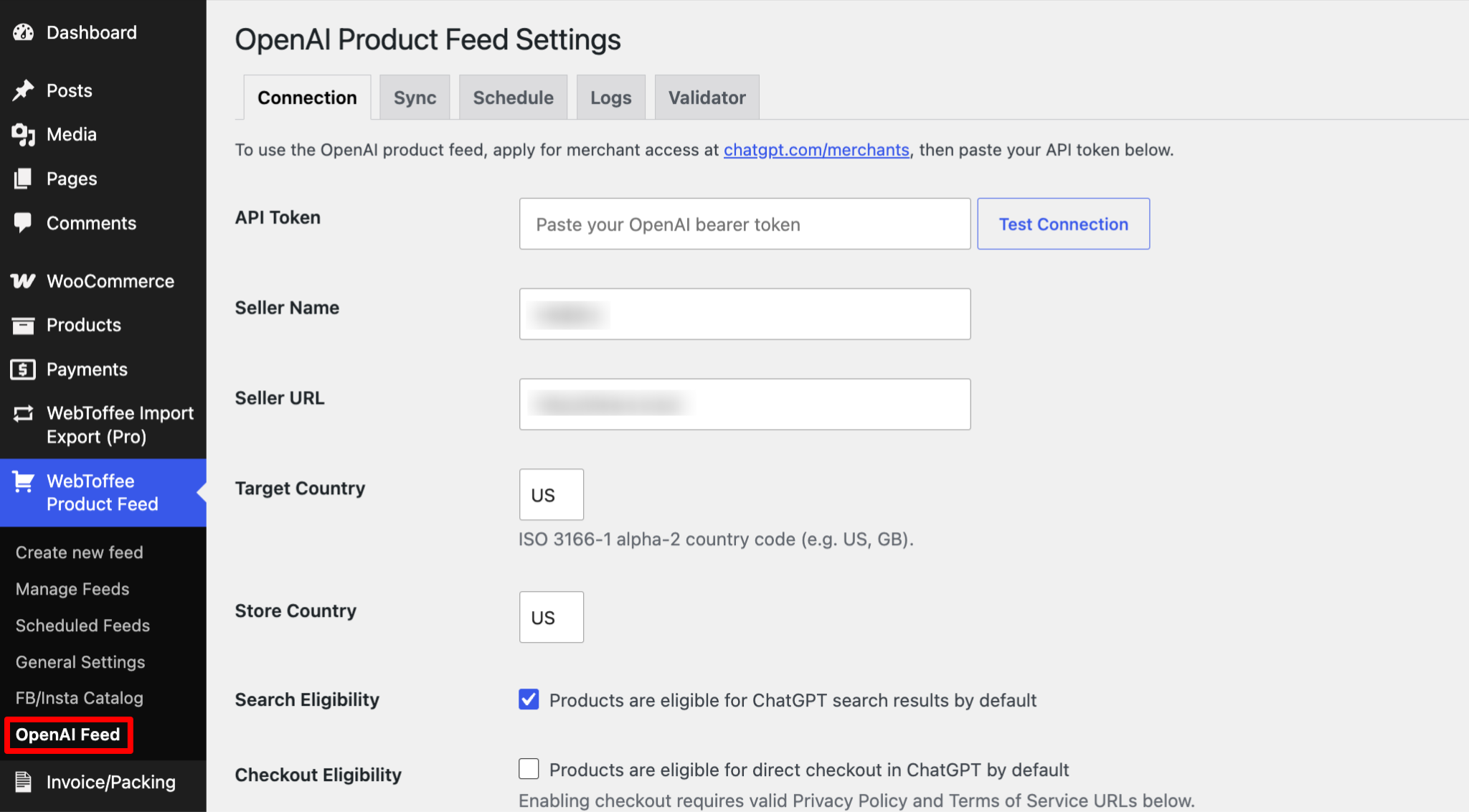 OpenAI product feed settings