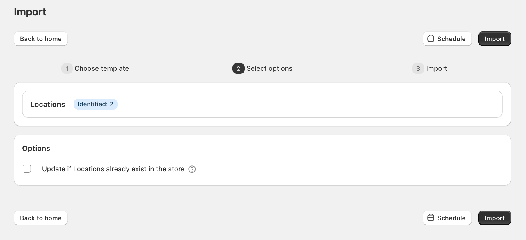 Reviewing the identified Locations and import options