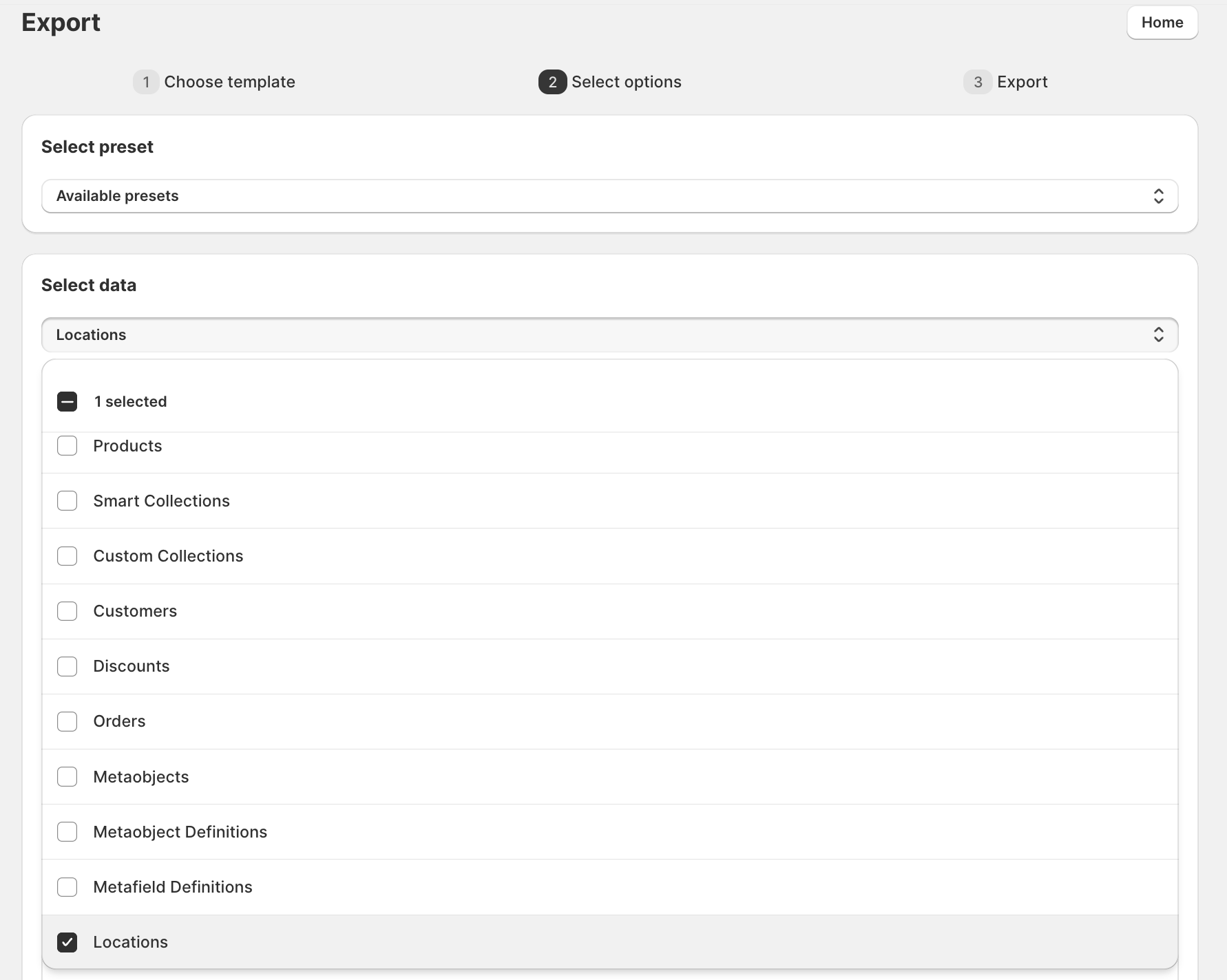 Selecting Locations as the data type for export