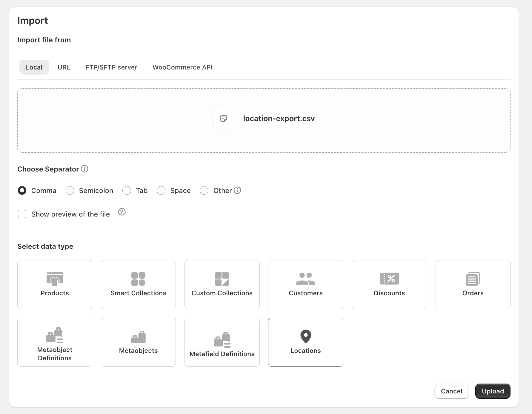 Selecting the Location import file and import path
