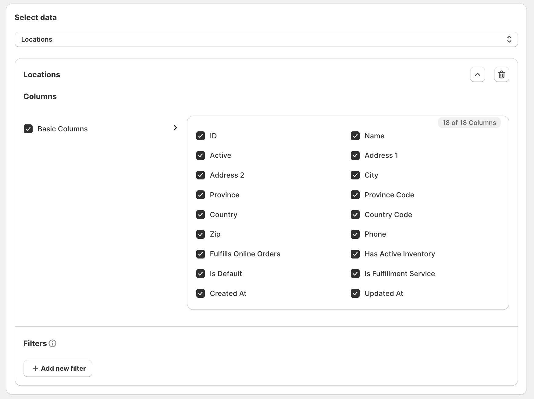 Selecting the location export field columns