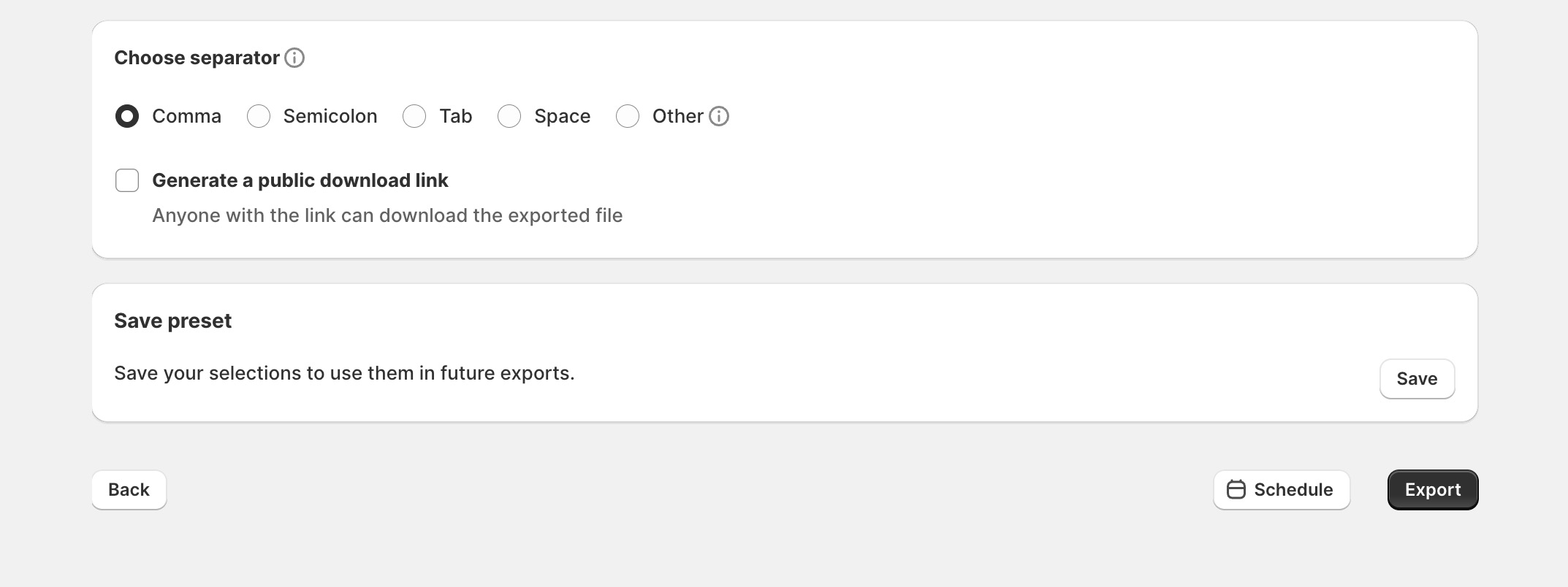 Selecting a separator and enabling a public download link