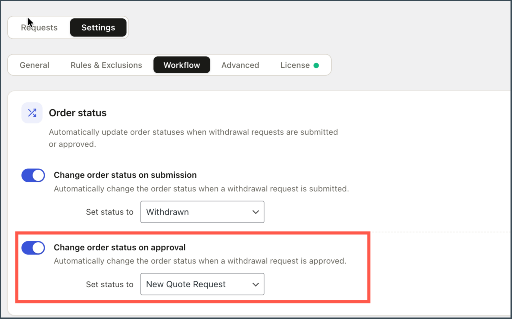 Withdrawal Approved - Action - Order status