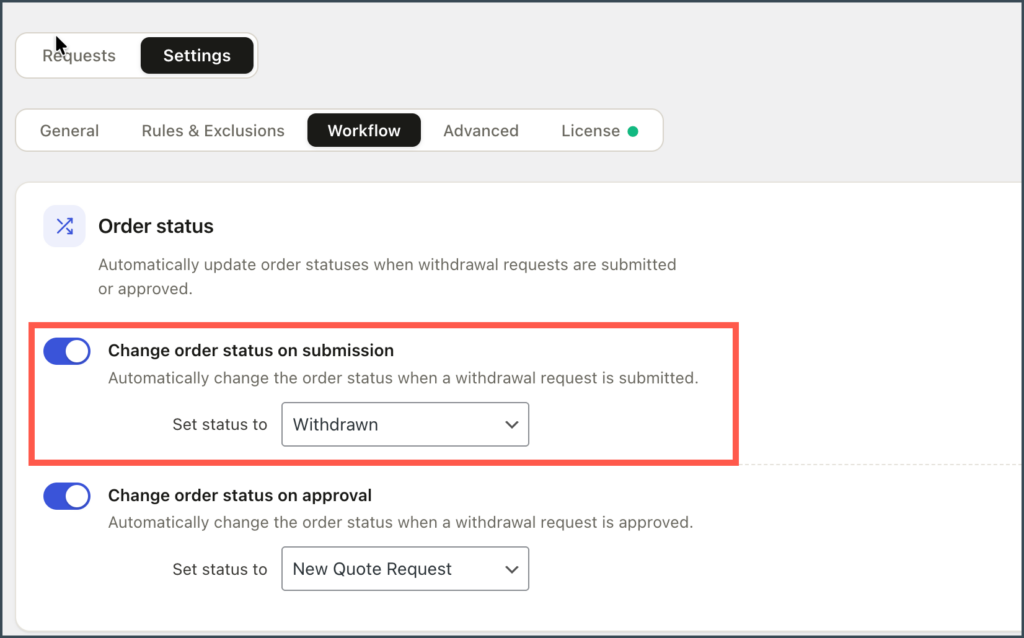Withdrawal submitted - Action - Order status