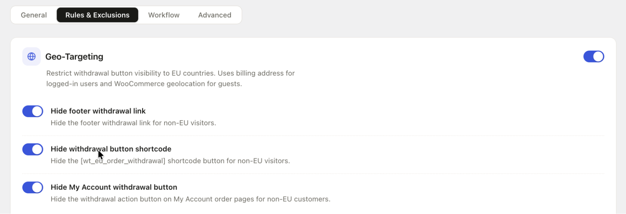 Geo Targeting for Withdrawal Button