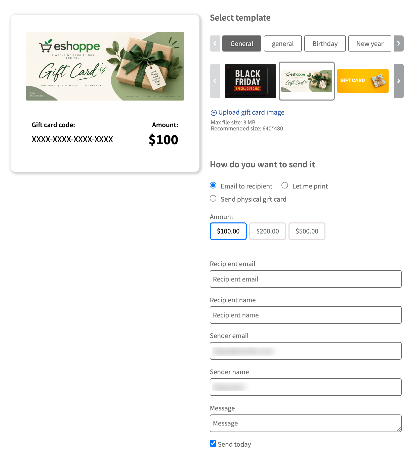 New gift card template on product pages