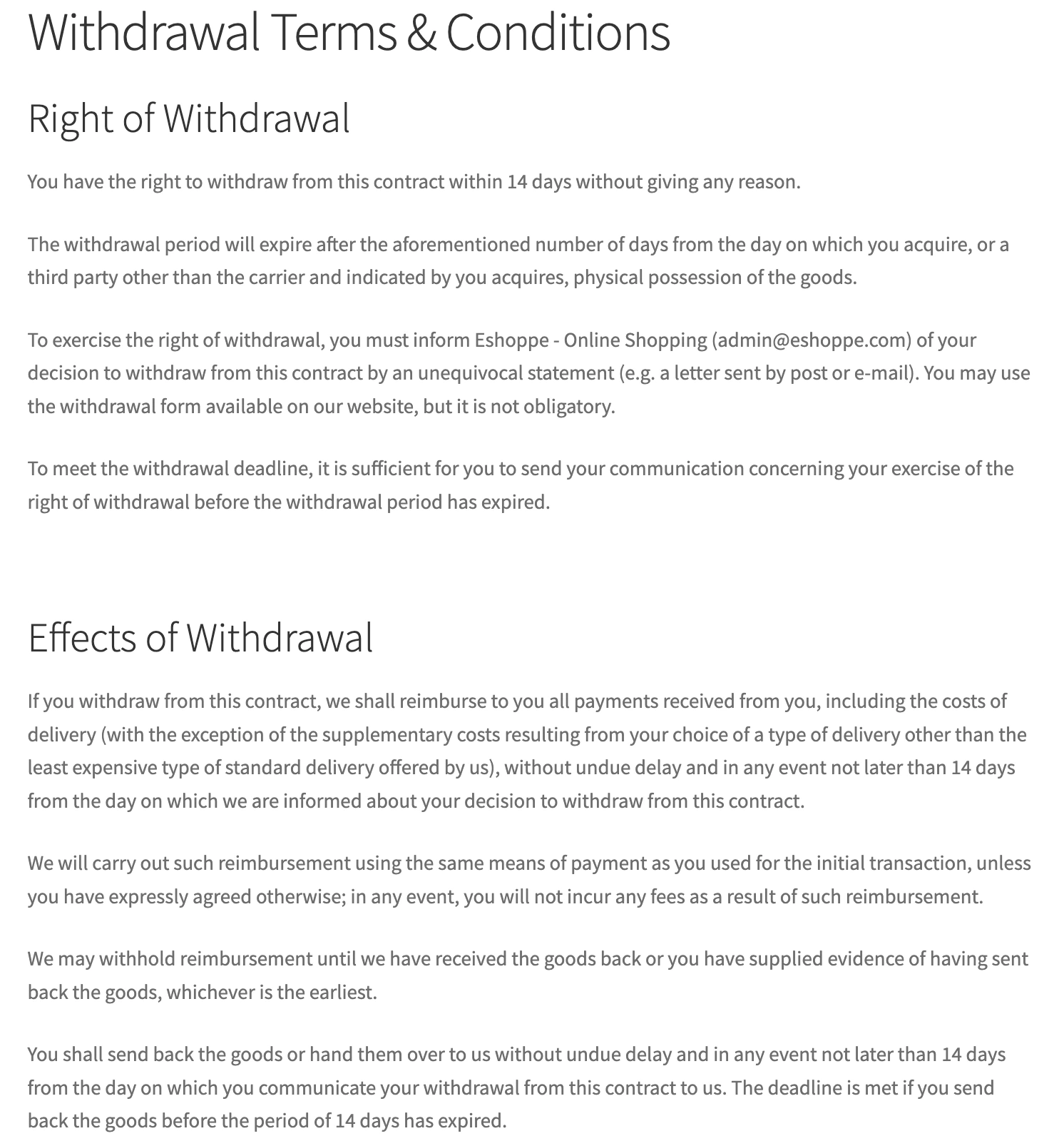 Withdrawal Terms and Conditions Page