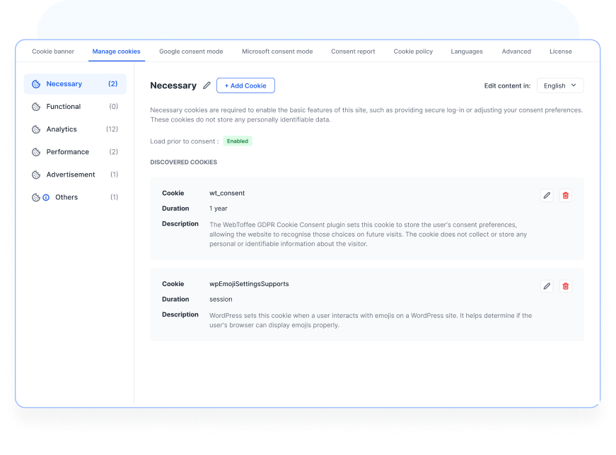 Adding cookies into categories for easy consent management