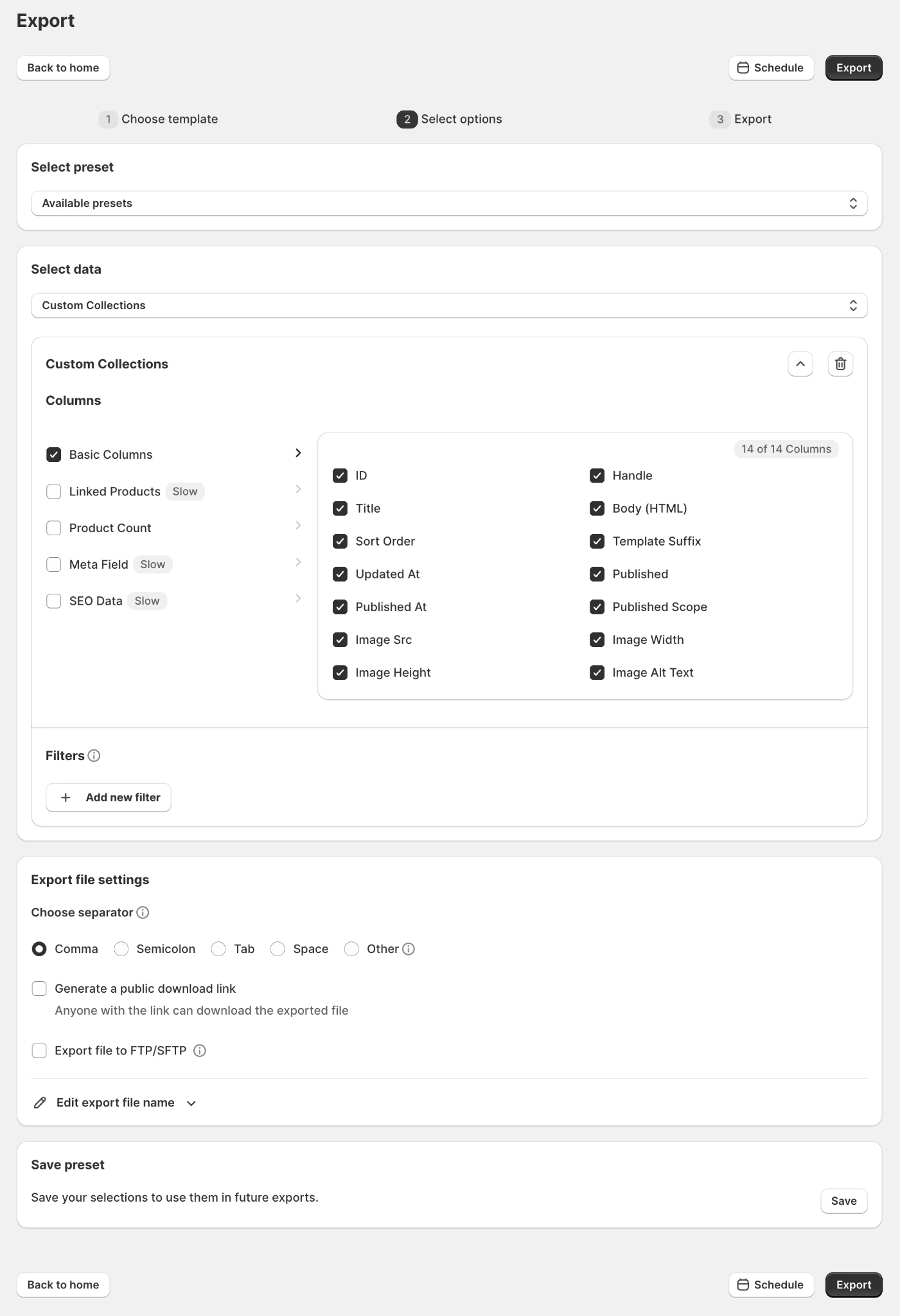 Exporting Shopify custom collections