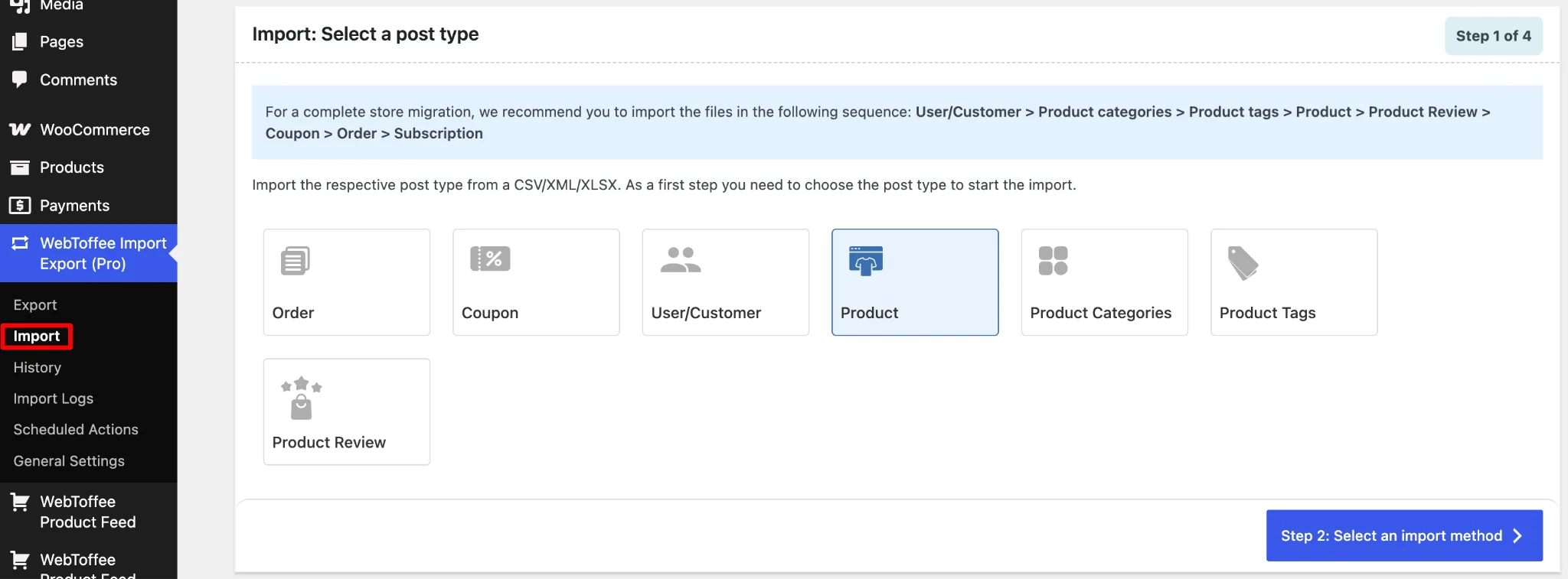 Selecting product as import post type