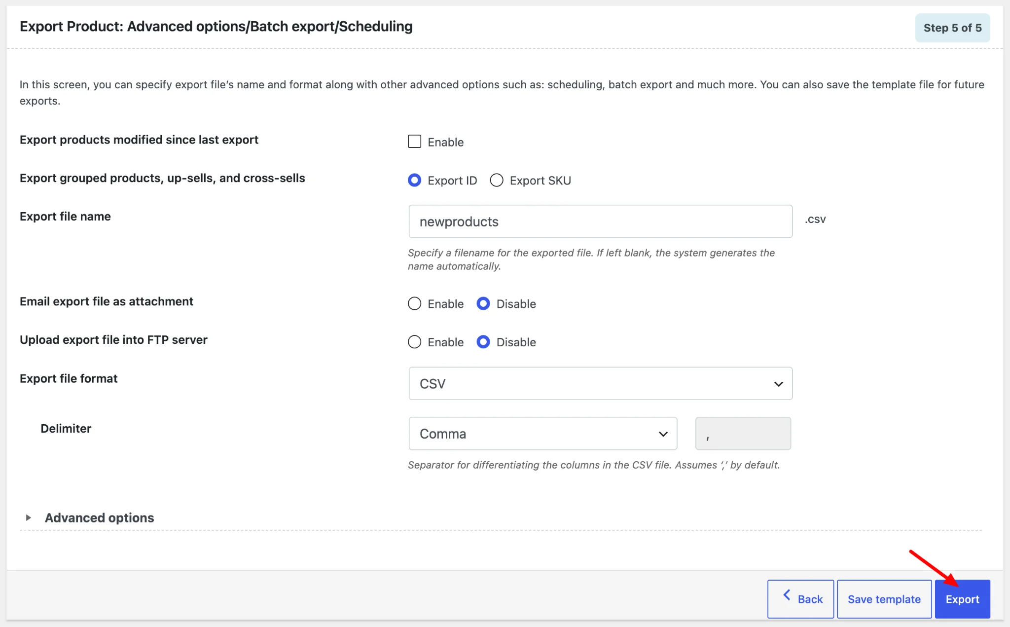 Advanced export settings