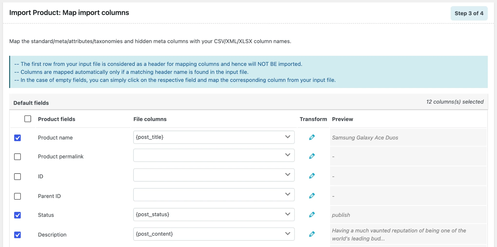 Mapping product fields