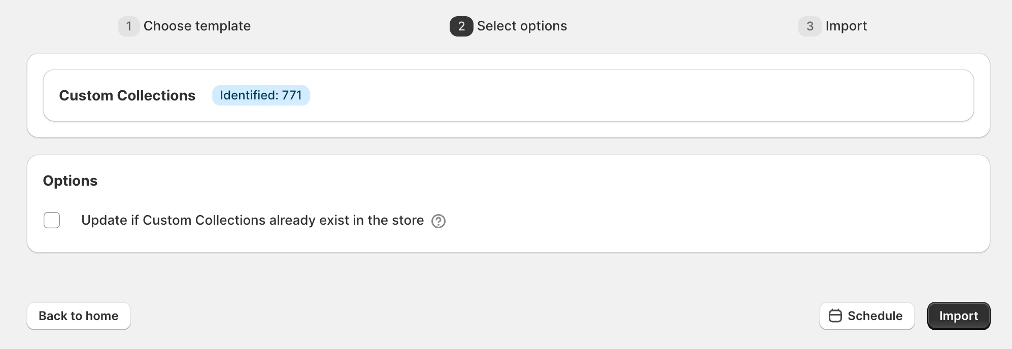 Importing Shopify custom collections