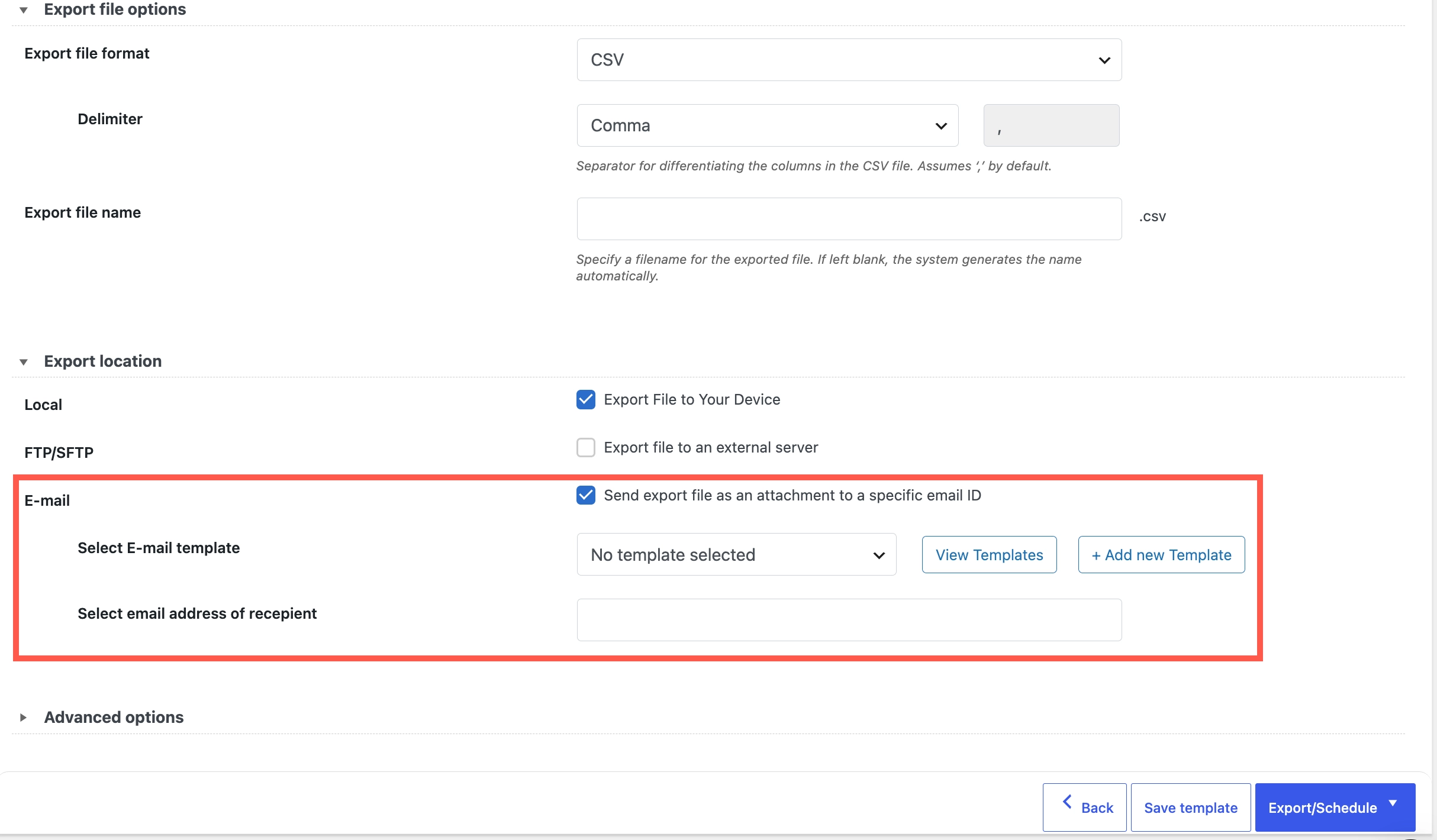 E-mail options under Export location