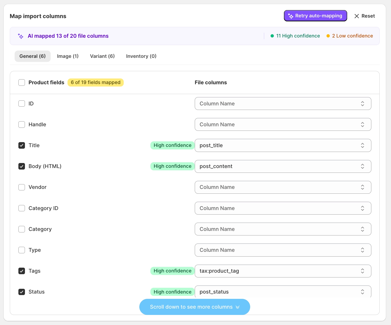 AI-mapped product import columns