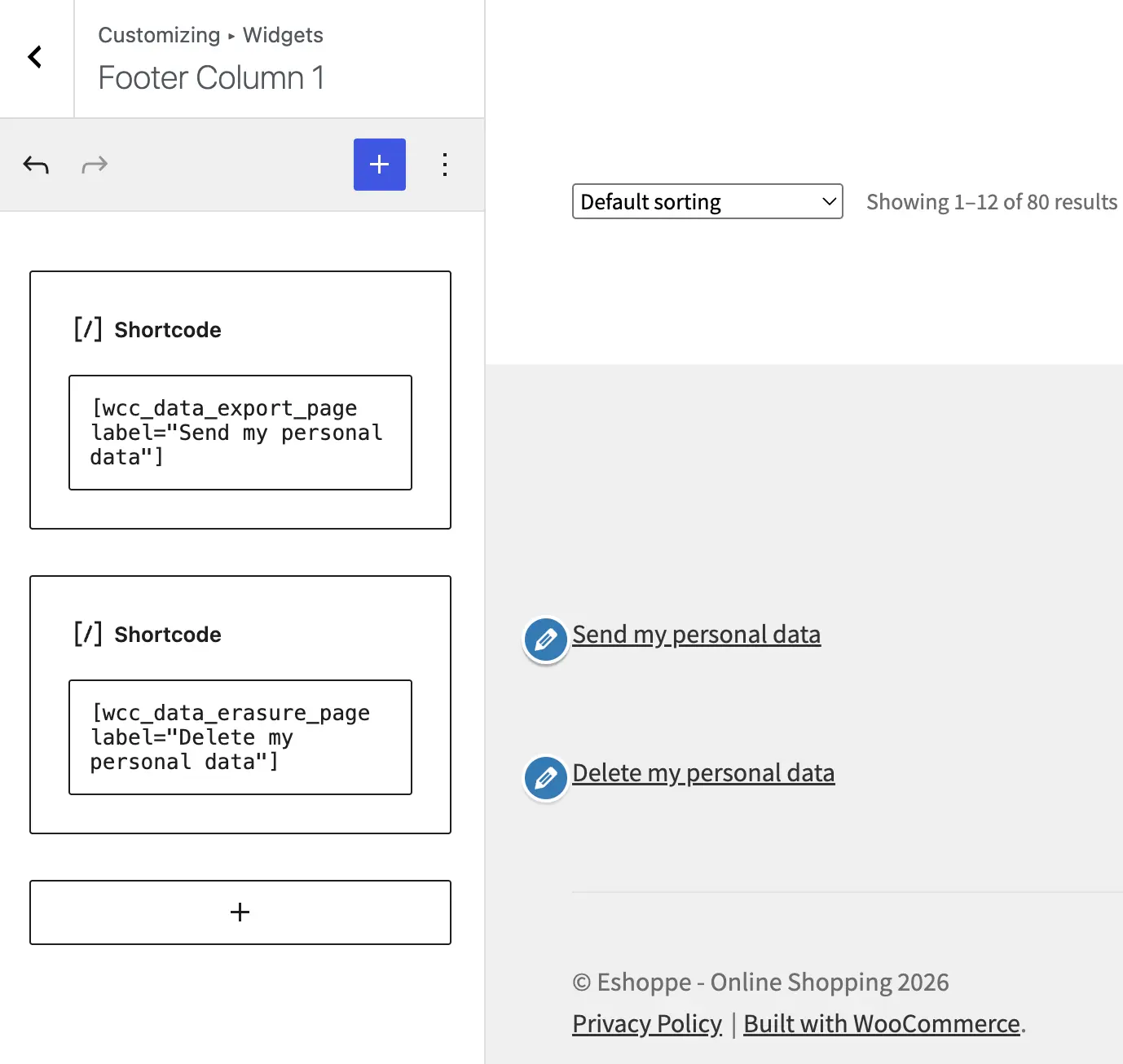 Add Data erasure and export request pages shortcode on footer