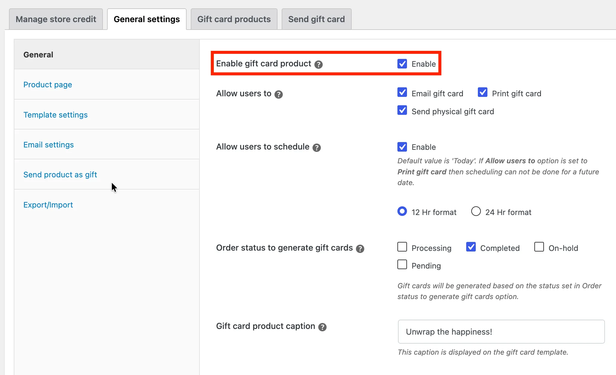 Enable gift card product