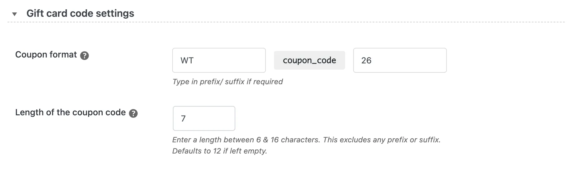 Gift card code settings