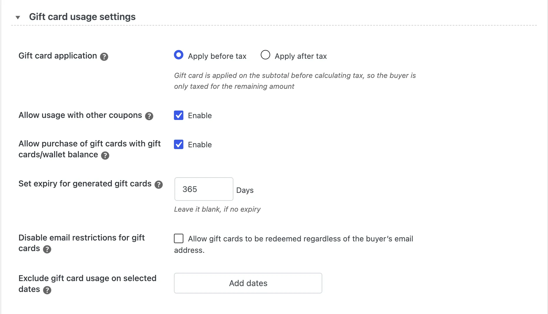 Gift card usage settings