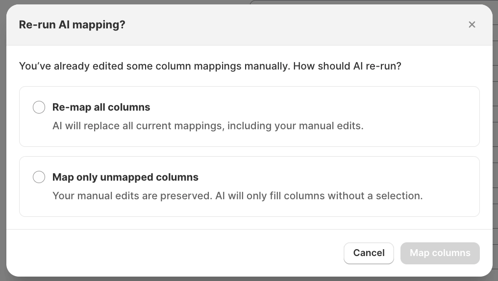 Choosing how AI should re-run the column mapping