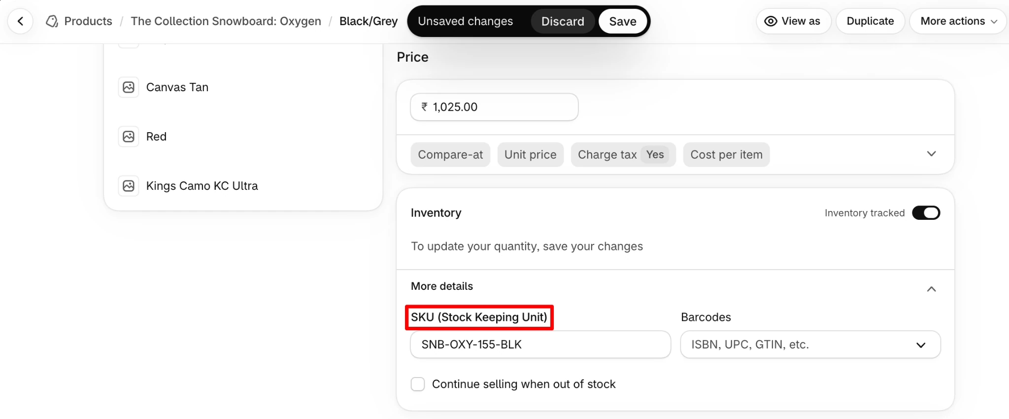 Assign SKUs to product variants