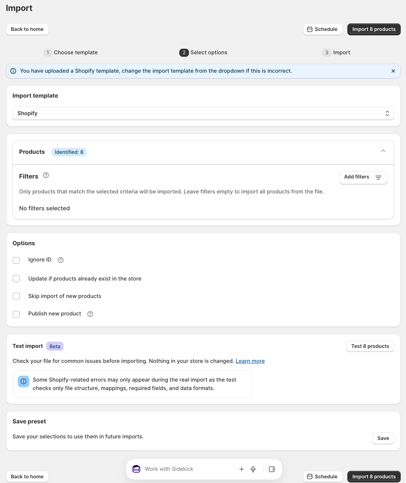 Configuring import options before running the test import