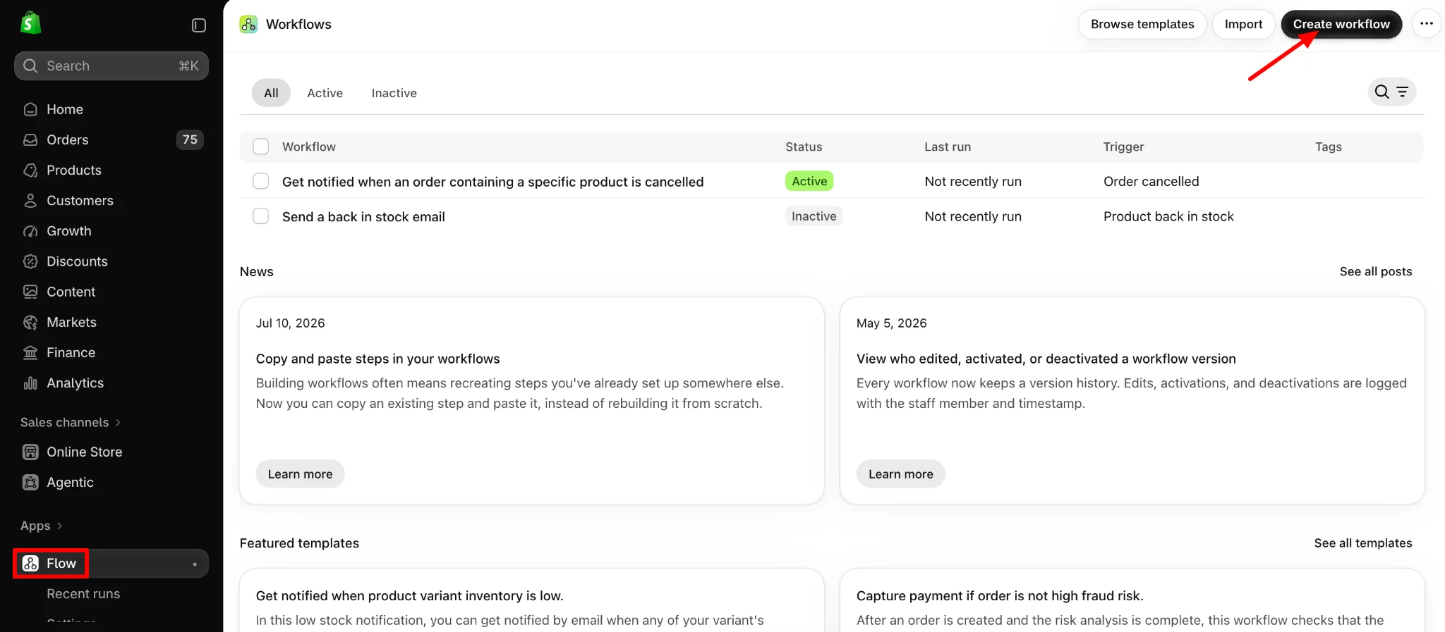 Creating a new Shopify Flow workflow
