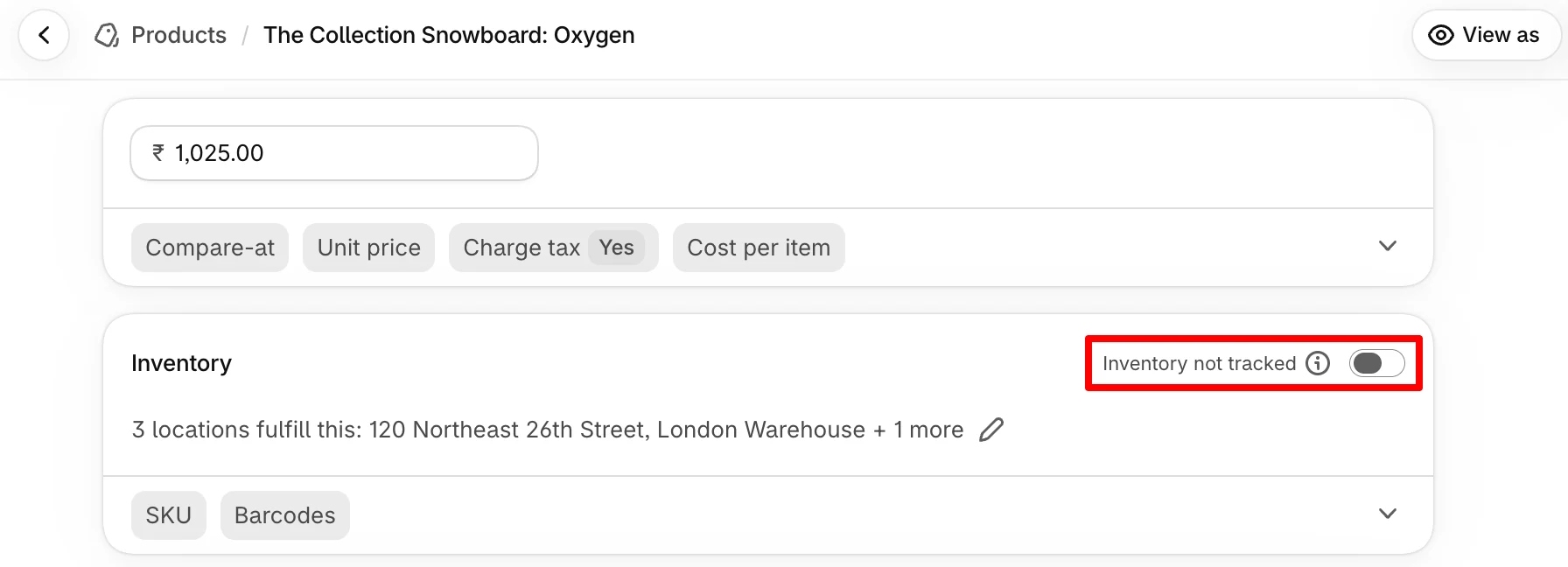 Toggling on the inventory tracking button