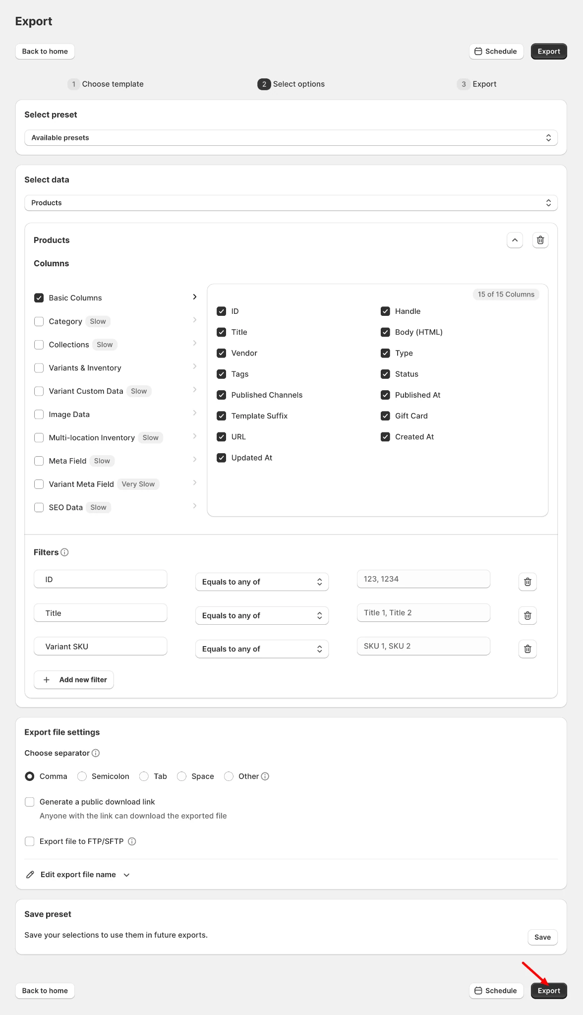 Export Shopify products