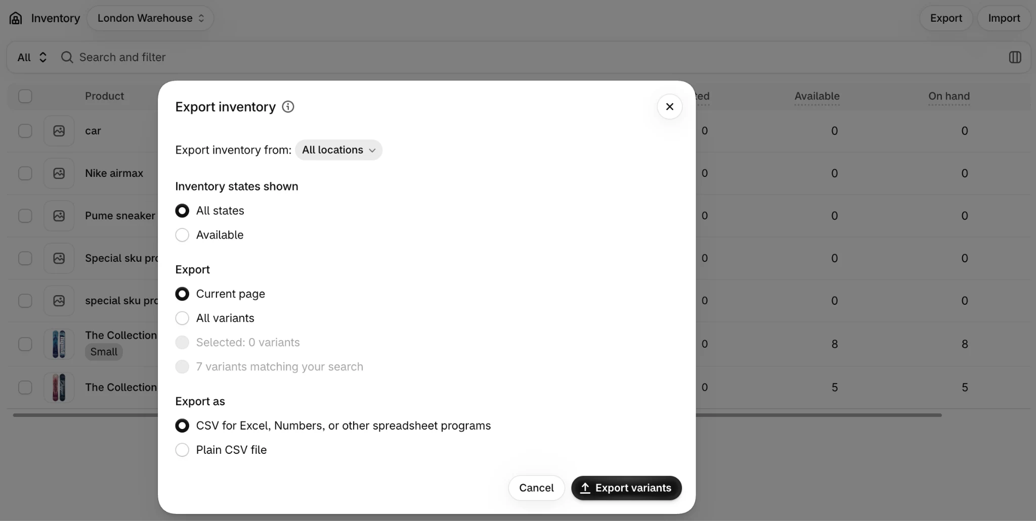 Exporting inventory