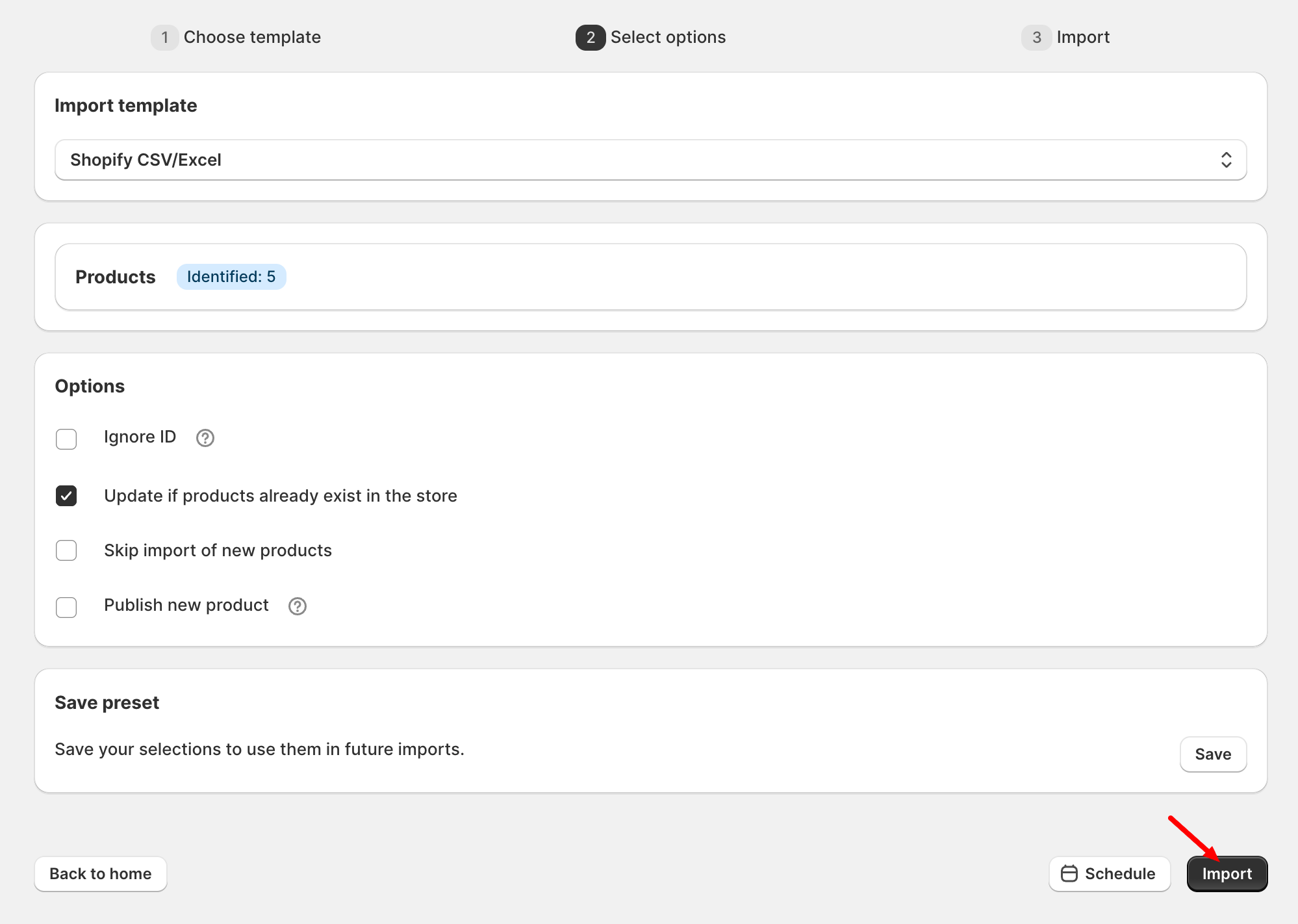 Configure import settings