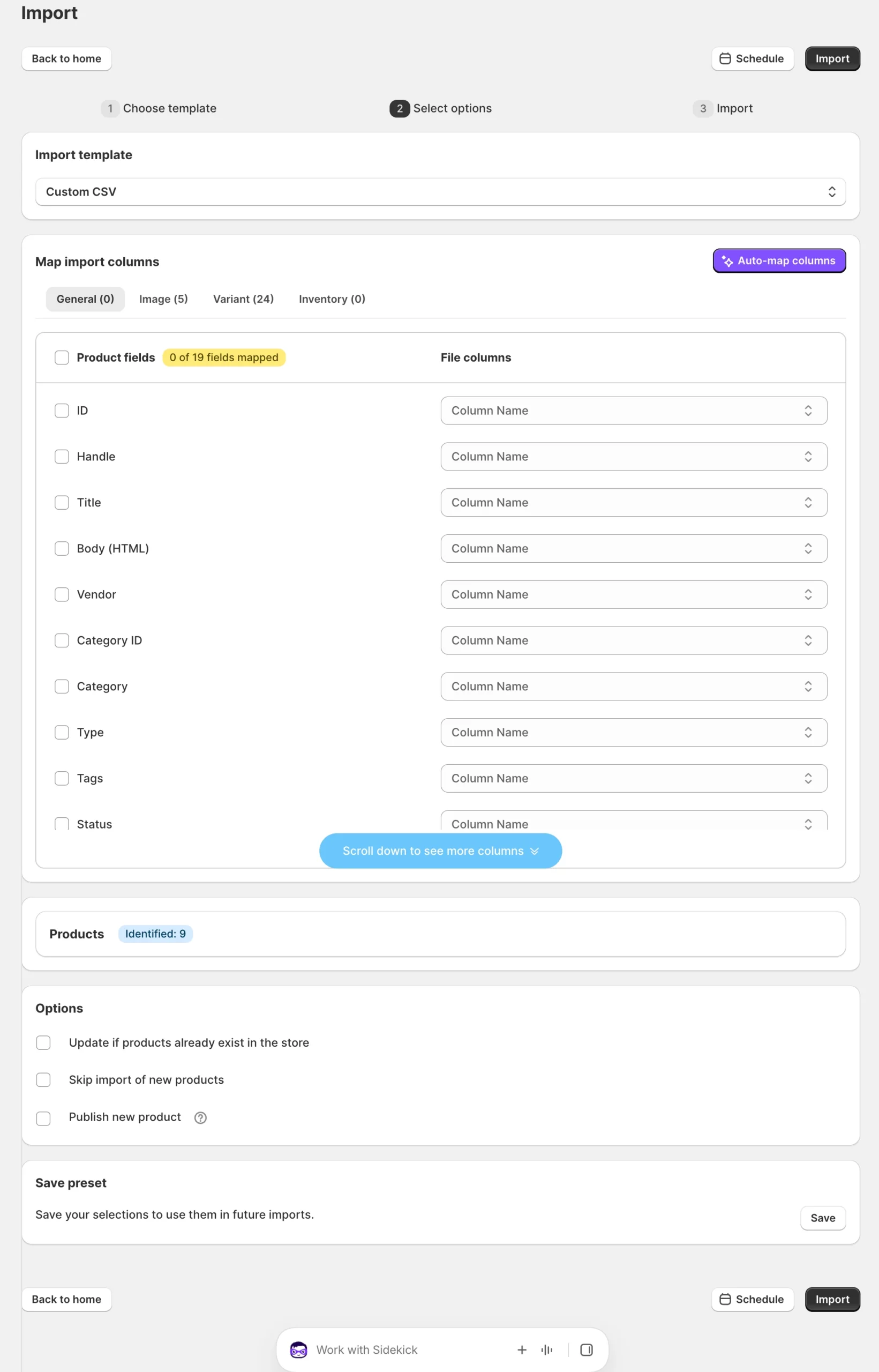 Mapping product import columns