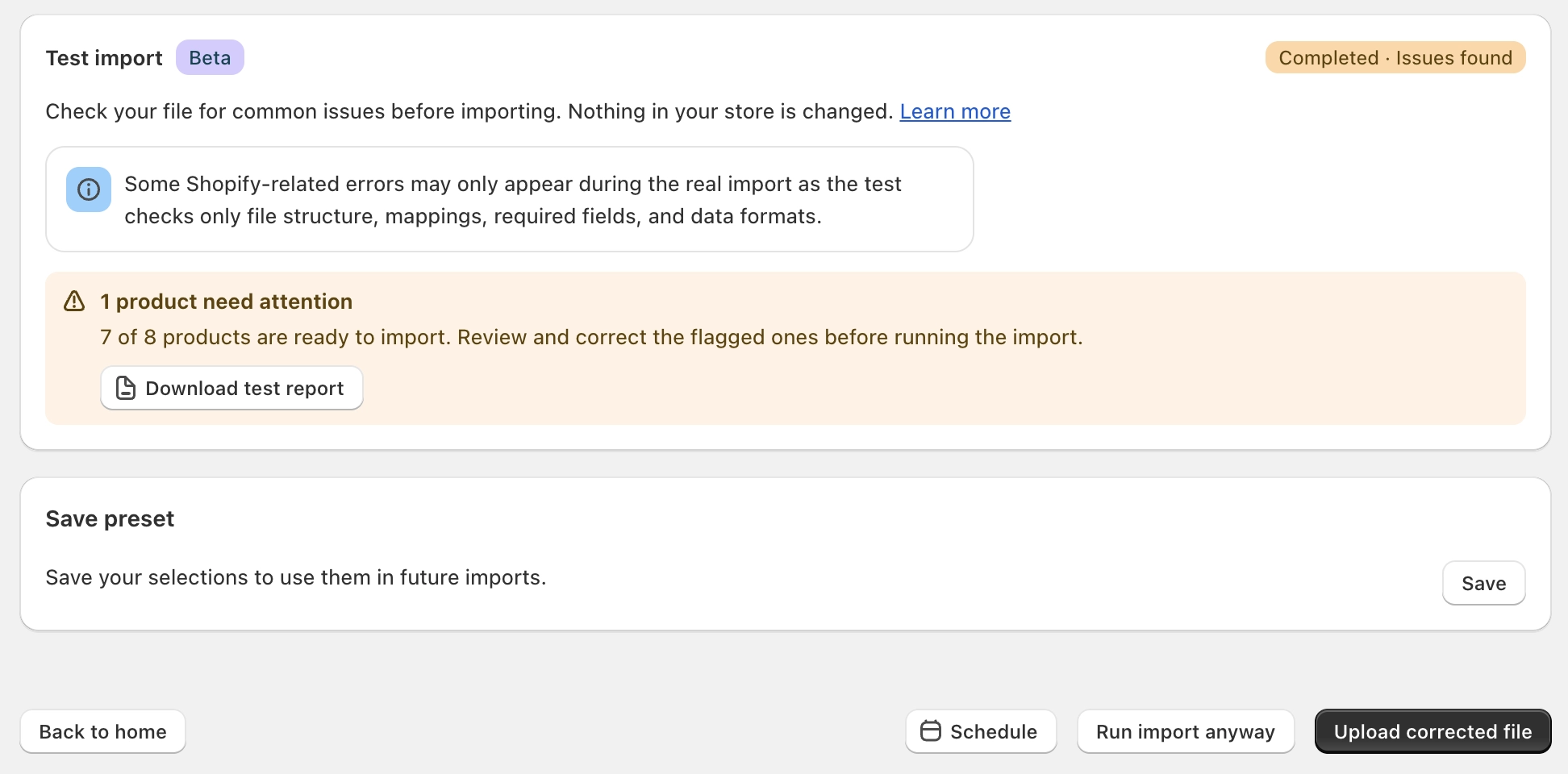 Test import completed with issues found