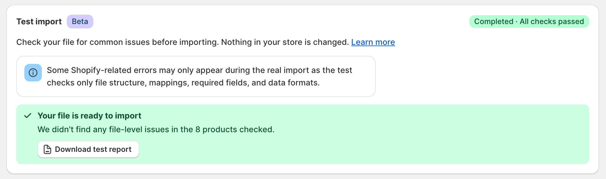 Test import completed with all checks passed