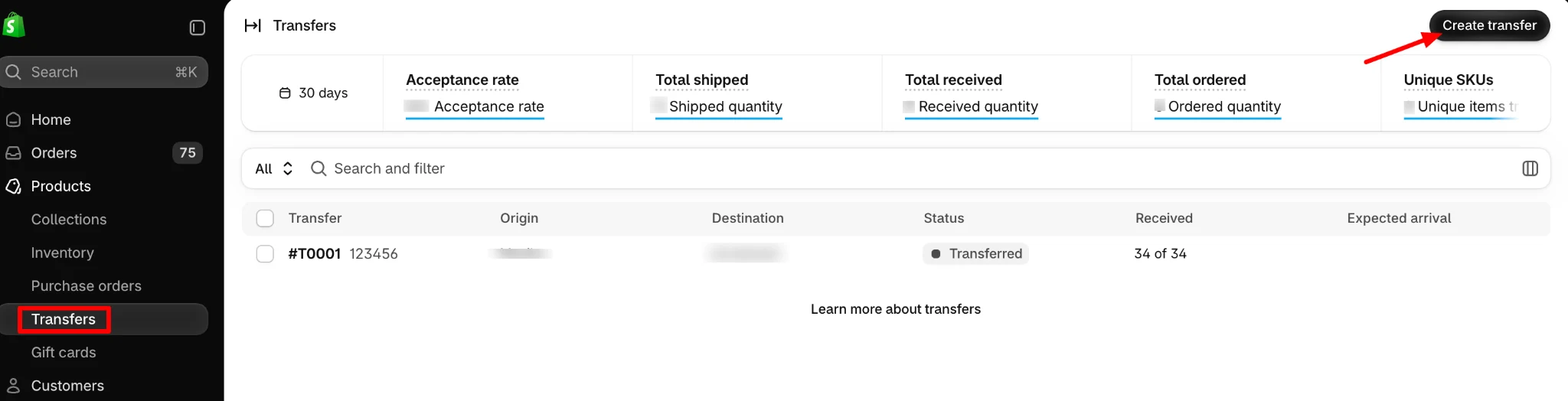 Transferring inventory between locations