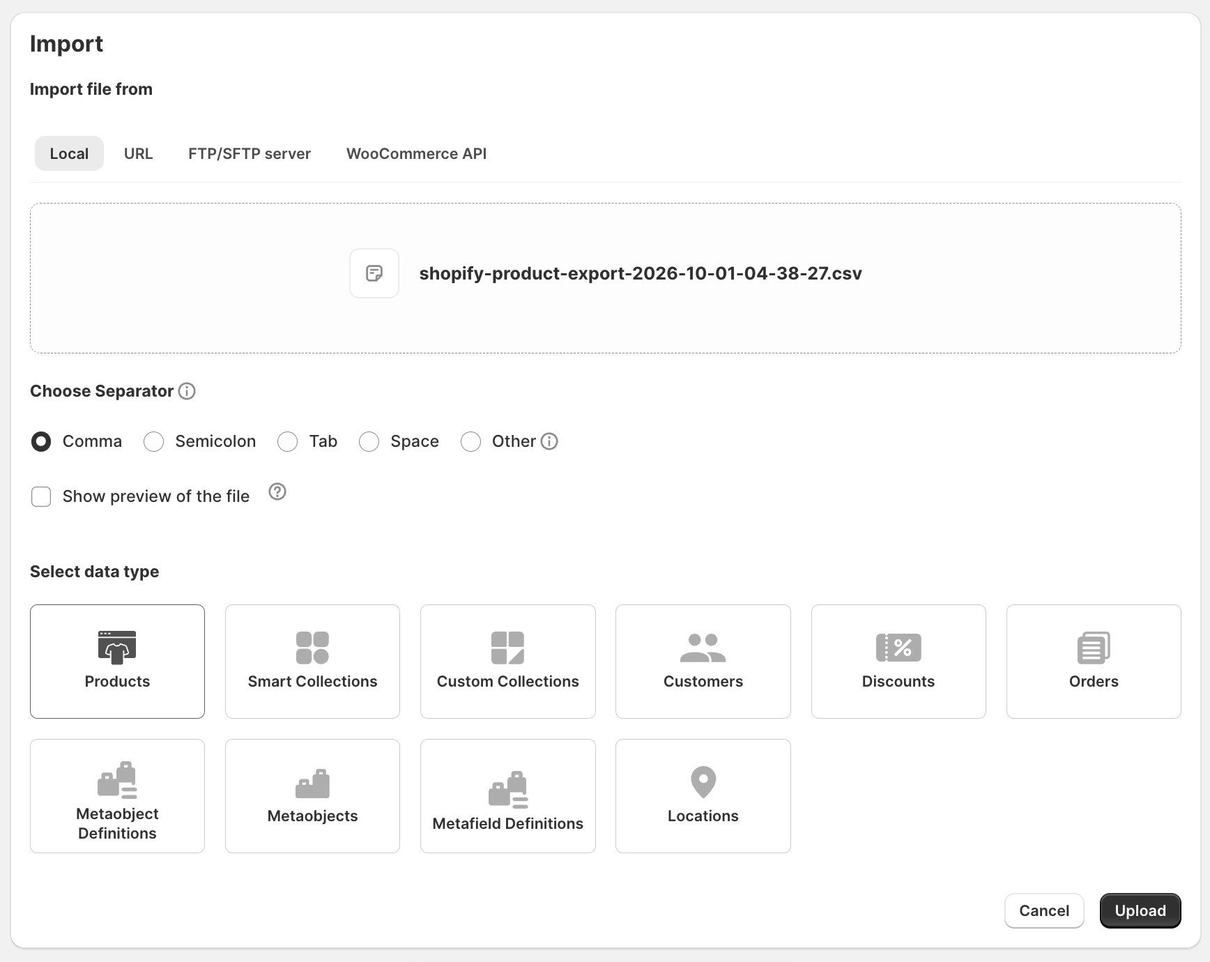 Uploading a file for product import