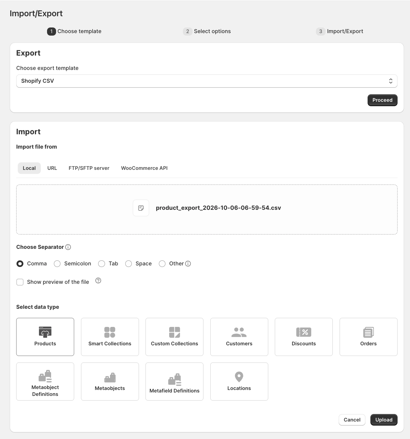 Uploading the import file